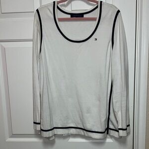 Tommy Hilfiger Women's Long Sleeve Cotton Sweater in White with Black Trim Sz 2X